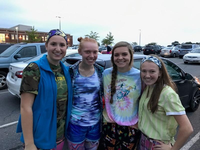 Oakdale Seniors Amber Underwood, Olivia Sothoron, Sarah Case, and Jess Smith pose before school in their wacky tacky gear. 
