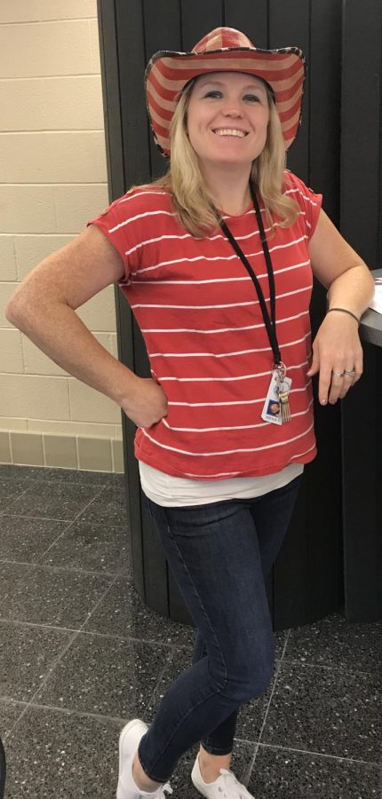 Mrs Miller proudly showing off her red, white and blue for America Monday. As one of the leaders of SGA, she organizes a lot of the events playing into the week of homecoming.