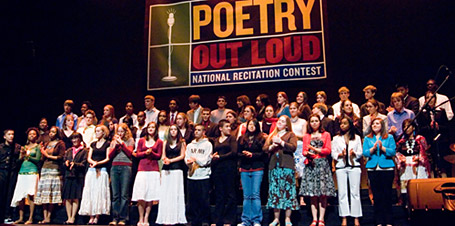 Poetry out loud contestants pose for a group picture during the national competition. 