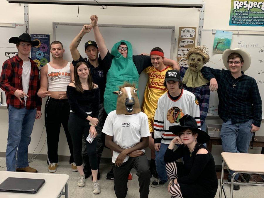 English 12 students enjoyed dressing up in a variety of Halloween styles. Costumes included a cowboy, witch,  pickle, basketball player, scarecrow, and more.