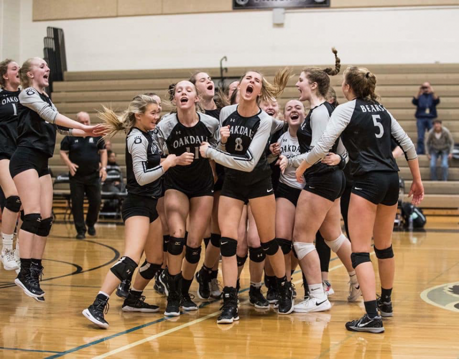 The girls volleyball team wildly celebrating after beating Williamsport for 