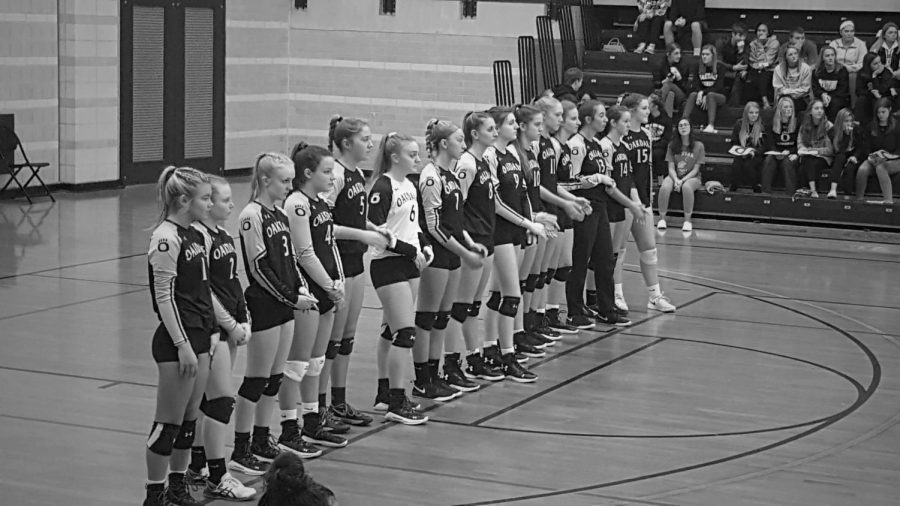 The volleyball team contemplated the state finals game they faced, moments before it began.
