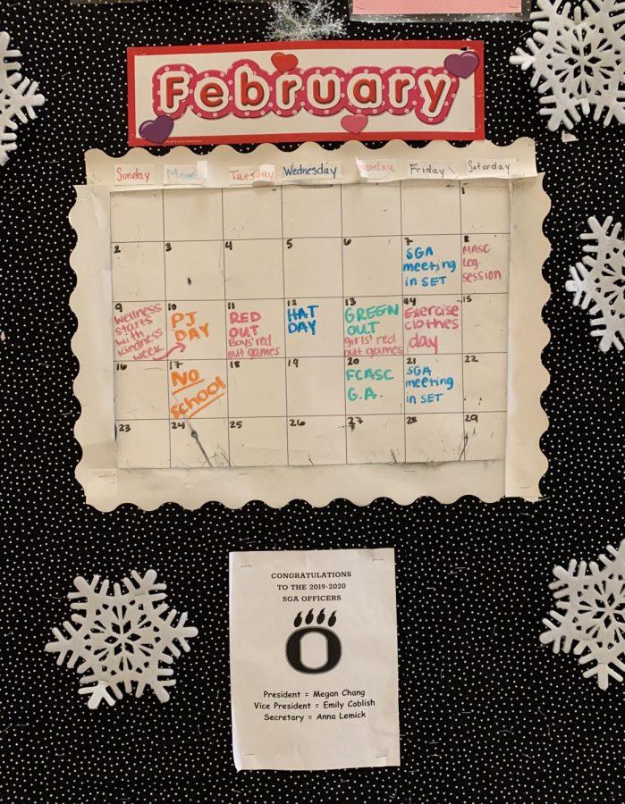 A calendar located in the main hallway showing what wellness themes were on which days of the week. 
