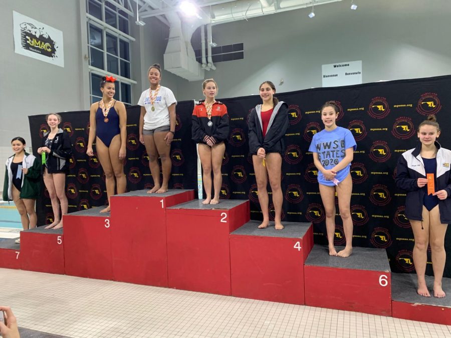2020+Diving+State+Champions+pose+for+a+picture+on+the+podium+including+Oakdale+Diver%2C+Julia+Doolittle