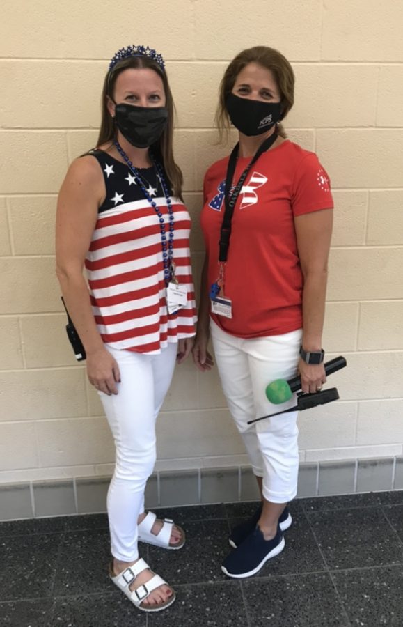 Principal Lisa Smith and Assistant Principal Cindy Johnson starting off spirit week strong with their America spirit wear.
