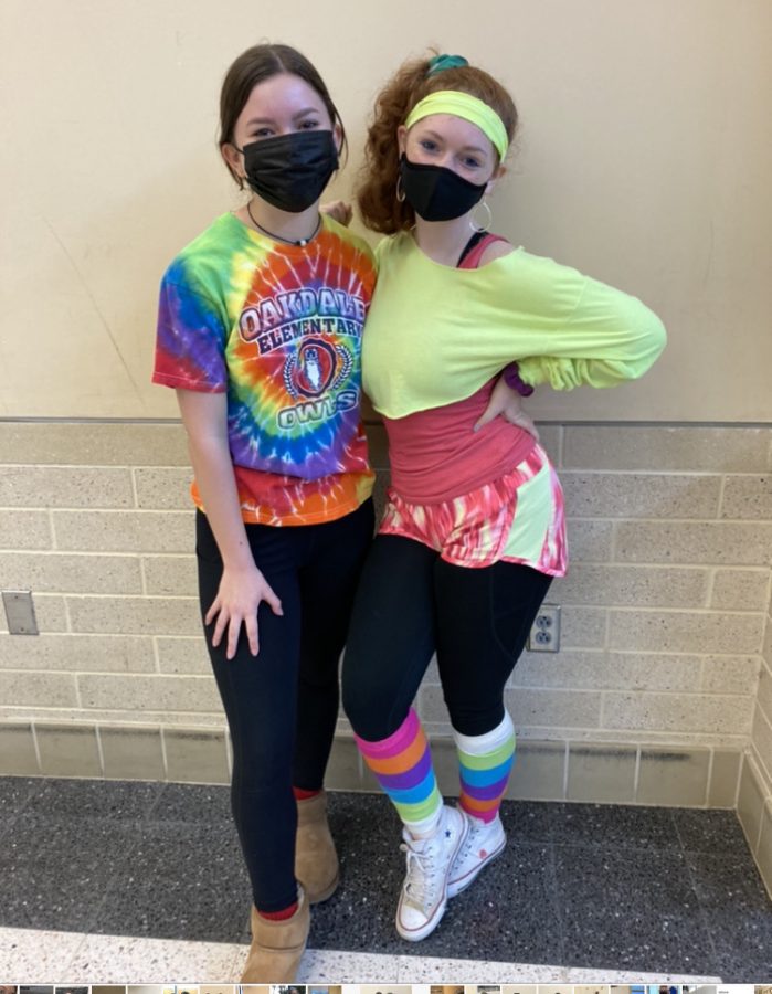 Sophomores Tia Lemick and Lily Kyle show off old trends on Bring it Back Tuesday.
