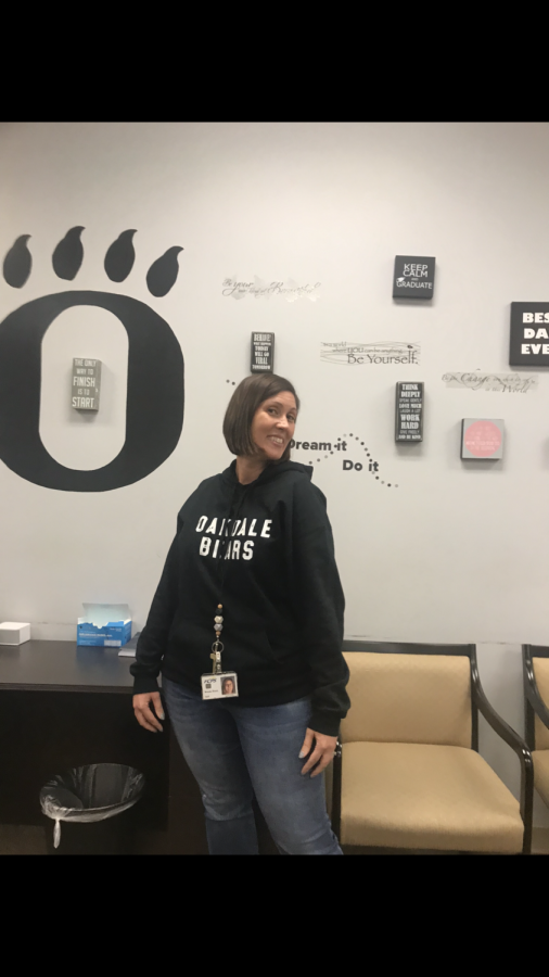 Brooke Hontz, Oakdale’s newest Assistant Principal, strikes a pose in the main office.


