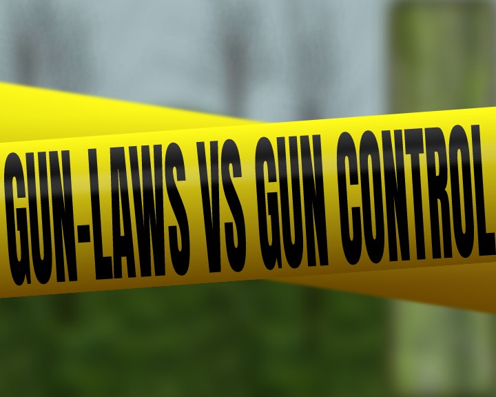 A graphic design by Carly Amoriell, illustrating the gun-rights vs gun control argument. The image includes crime scene tape which represents the recent shootings that have occurred. 
