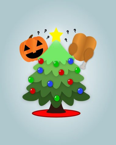 A graphic made by Carly Amoriell, illustrating the debate between celebrating Christmas after Halloween, or celebrating after Thanksgiving.