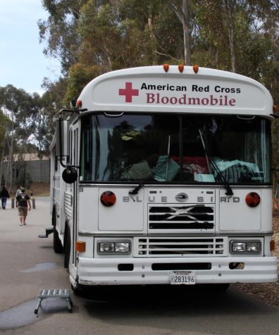 The American Red Cross “Bloodmobile” parked at the University of California.