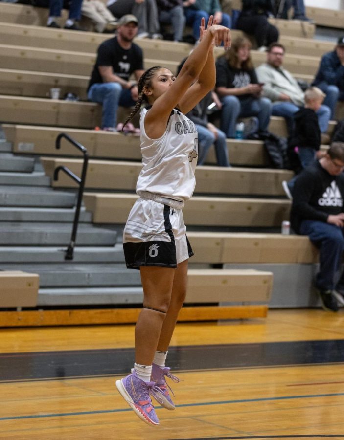 Skai Bayless pulls up for a three-pointer during the basketball team’s first game, against Winters Mill.