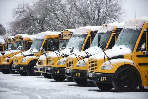 A line of snow-covered Maryland school buses on a inclement weather day.