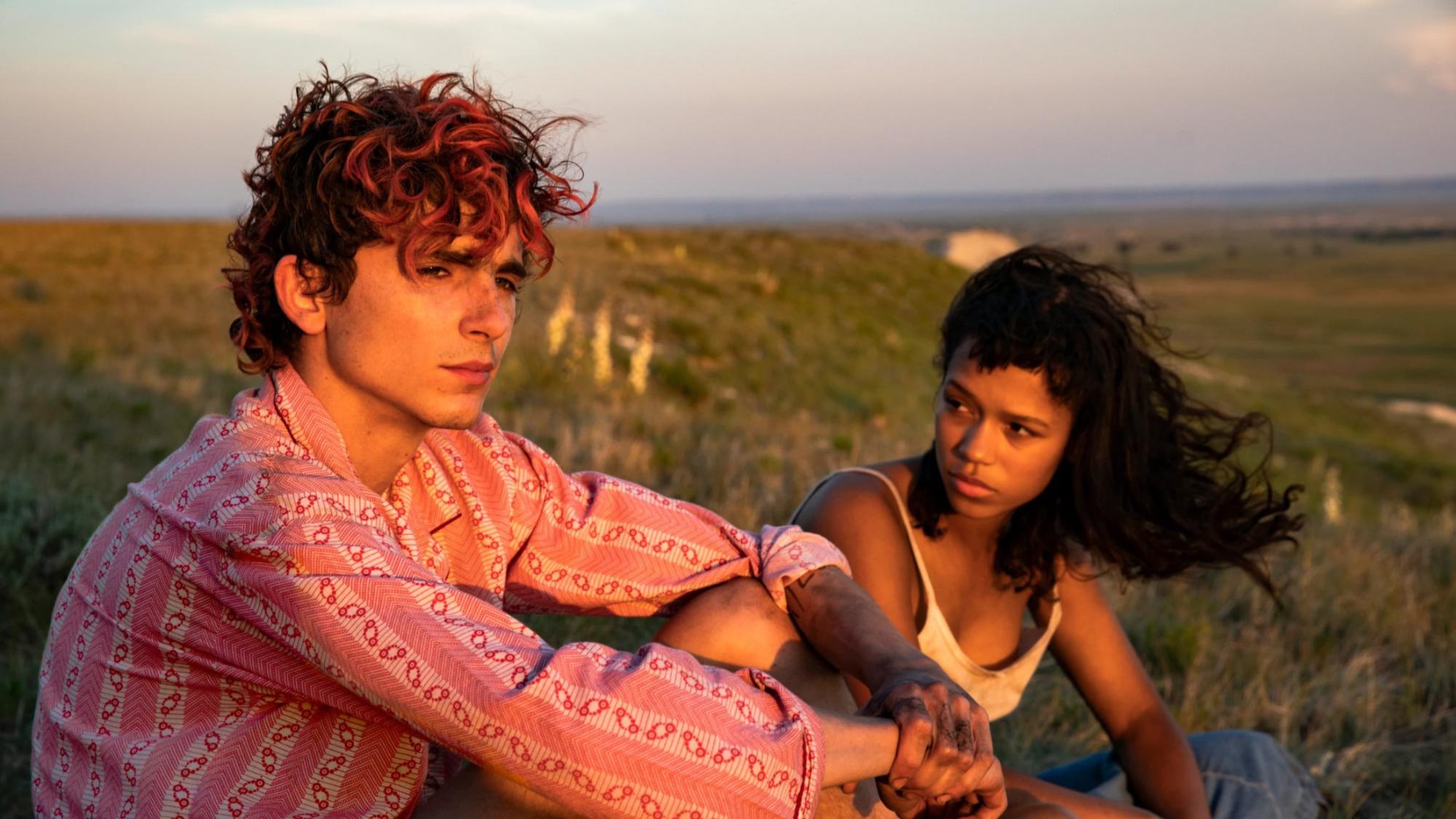Lee (Timothee Chalamet) and Maren (Taylor Russell) are seen together somewhere in the plains of the Midwest in a still from the 2022 film Bones & All. 
