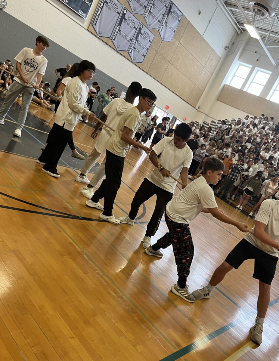 Two grade levels were called down at a time to participate in tug-of-war. The freshmen went against the juniors. The juniors beat the freshmen, and the sophomores beat the seniors. 