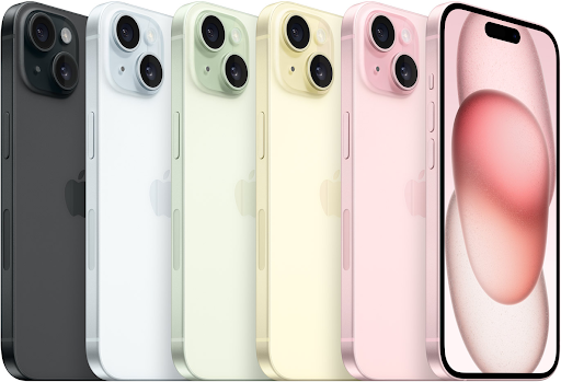 The iPhone 15/15 Plus comes in black, blue, green, yellow, and pink.