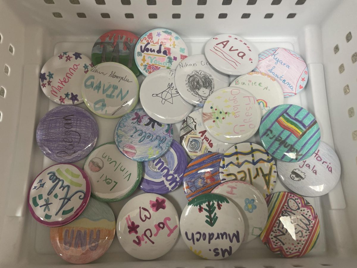 The collection of buttons’ members of book club made at the first meeting that display their name, in order to improve communication. 
