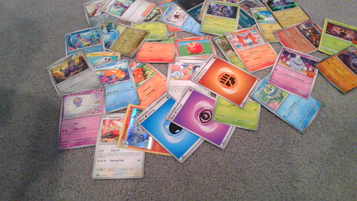 This is an assortment of random Pokemon cards, normally traded during meetings of the Pokemon Club.
