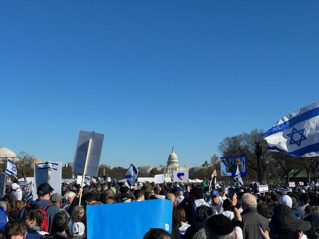 Thousands of people gather in front of the National Mall in Washington, DC to stand with Israel.
