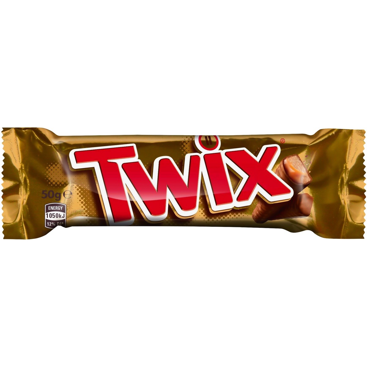 The golden wrapper for Twix displays the inside and outside of the candy.