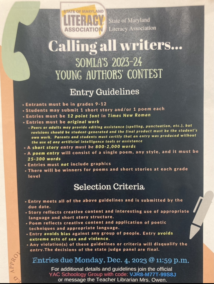A poster displays the Young Authors’ Contest criteria and entry guidelines.