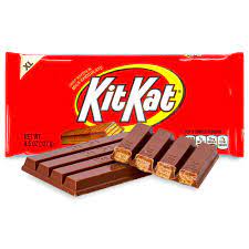 The well-known Kit Kat displays the crisp wafer covered in chocolate.