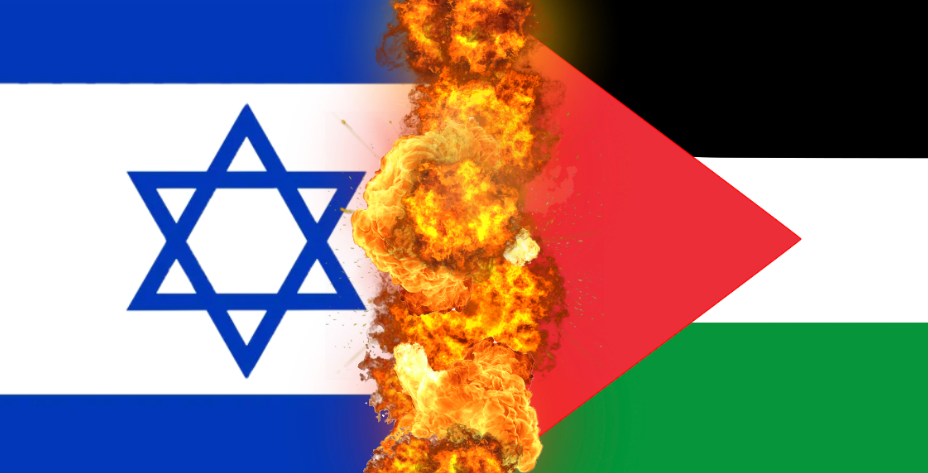 A digital graphic, designed by Emery Clark, represents the conflict between Israel and Hamas. 