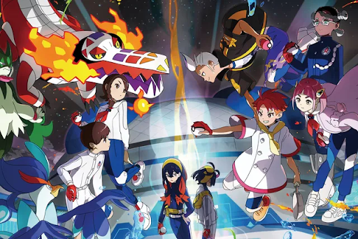 Official art of The Indigo Disk, showcasing new and returning trainers.