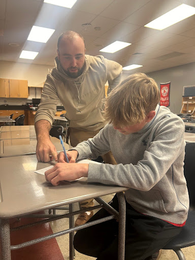 Mr. Pritts assisted Oakdale sophomore Brandon Yowell with a homework assignment.

