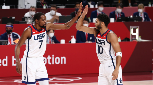 Kevin Durant (left) and Jayson Tatum (right) compete in the 2020 Summer Olympics Basketball Games in Tokyo