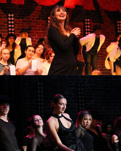 The photo on top captures Joely Georgiana as she performs the role of Roxie Hart. The photo on the bottom pictures Sophia Engel as she performs as Velma Kelly