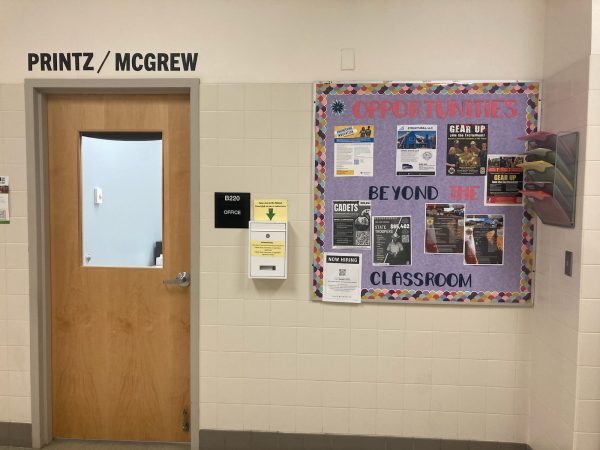 The outside of Michelle Printz’s office, B220, has a bulletin board with job and internship opportunities for students. 