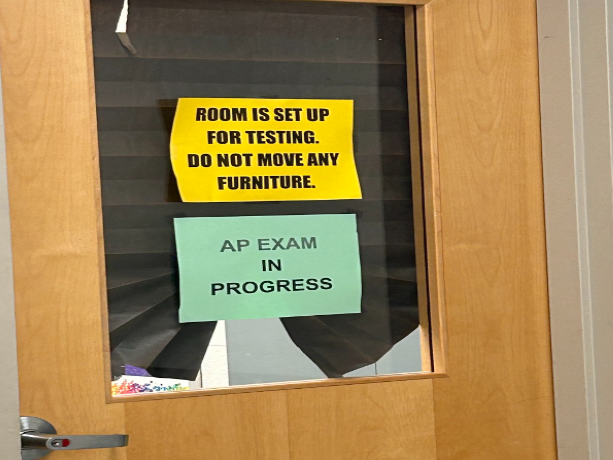 One of Oakdale’s AP testing rooms has an AP test sign to show testing is in progress.