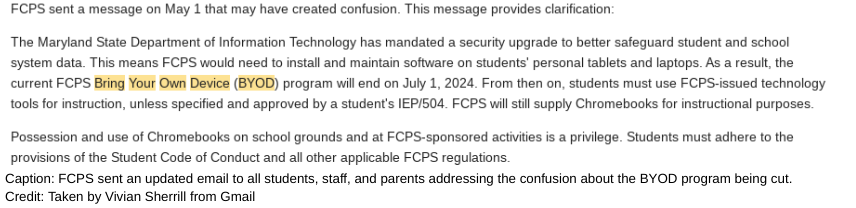 FCPS sent an updated email to all students, staff, and parents addressing the confusion about the BYOD program being cut. 