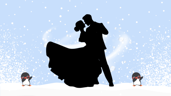 Two figures pictured dancing in a winter setting, as students would at a winter formal.