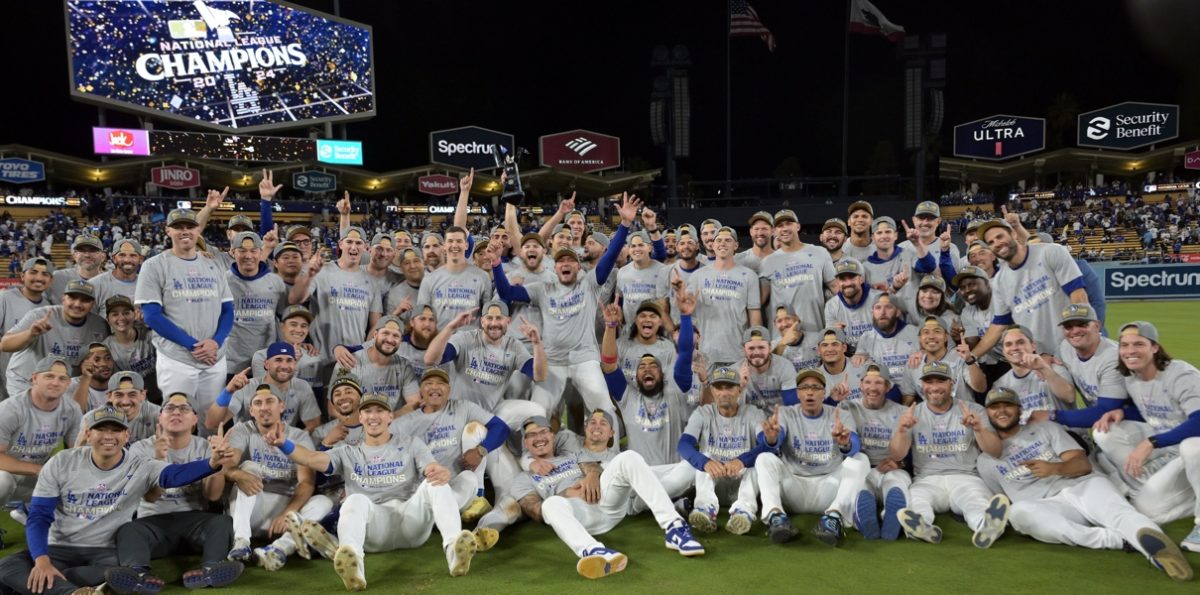 The Los Angeles Dodgers celebrate, after a hard fought 6 game series against the New York Mets to advance to the world series.