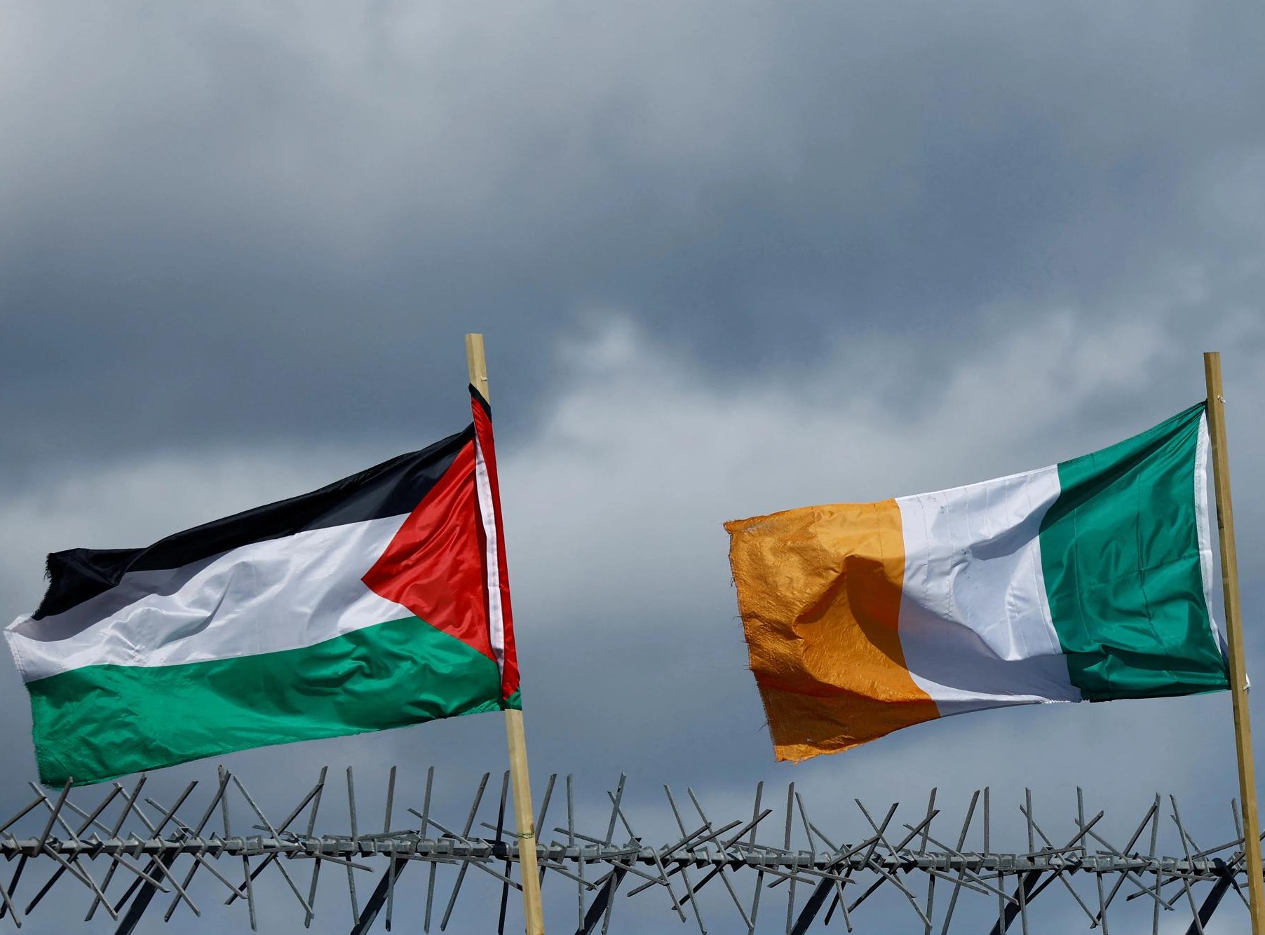 Along the International Wall in Belfast, Northern Ireland, the flags of Palestine and of the Republic of Ireland are flown side-by-side. 