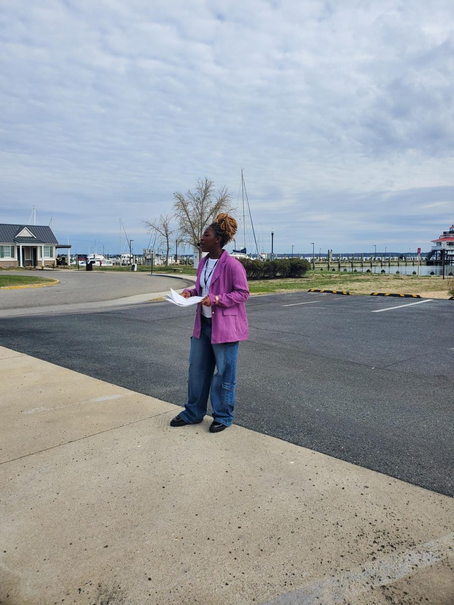 Bertha Joy Soh, standing at the Long Wharf on the Choptank River, begins our tour.  She discussed the river and its connection to the slave trade.