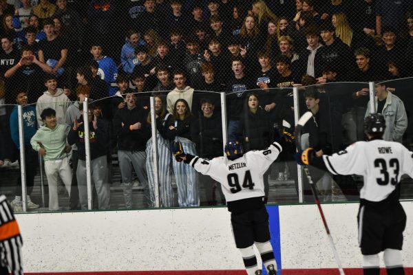 Former Oakdale forward Kyle Metzler cheers in front of Walt Whitman’s student section during the state finals.