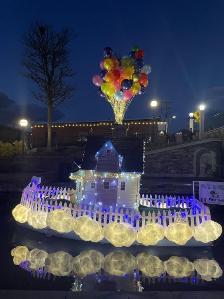 An Up themed boat, sponsored by the Housing Authority of Frederick, located along the Carroll Creek Park Canal throughout the winter holiday season, as a part of the Sailing Through The Winter Solstice Celebration.
